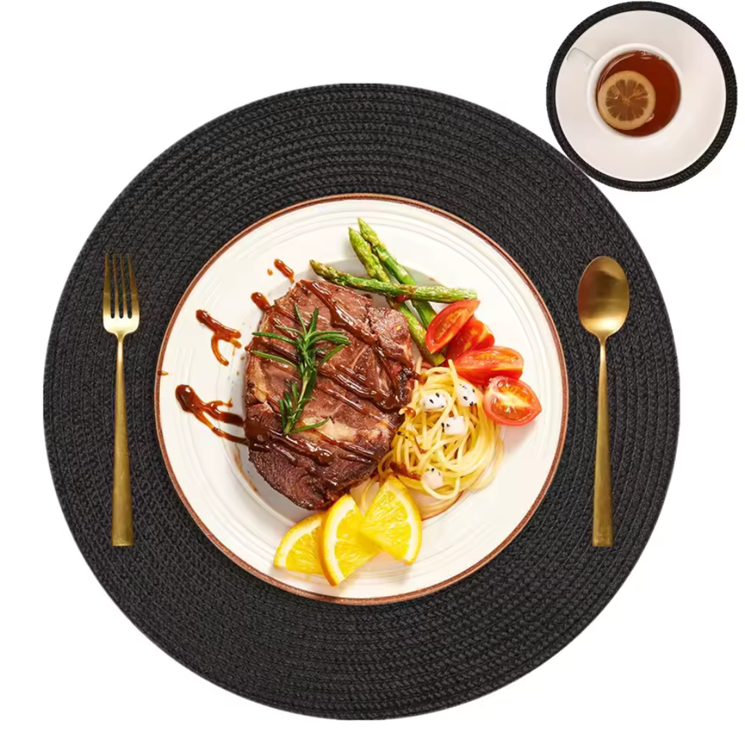 Runde geflochtene Tischsets im 6er-Set – Schwarz