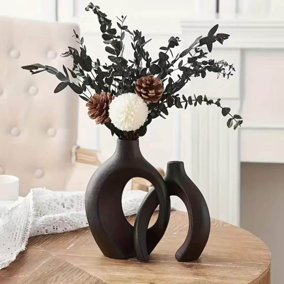 Keramikvasen im 2er-Set mit Loch-Design – Schwarz