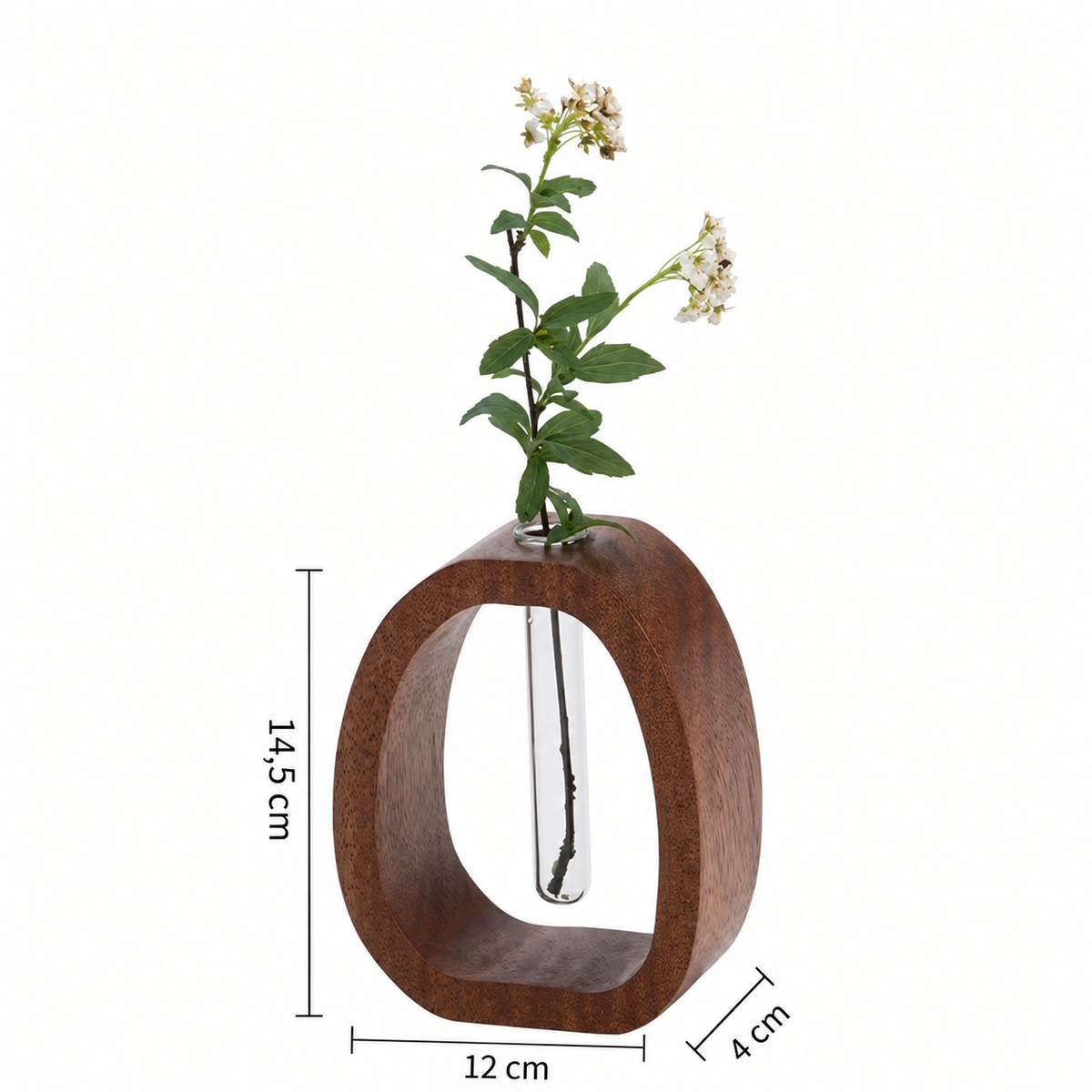 Maße der großen Glasvase mit Holzhalter: 14,5 × 12 × 4 cm