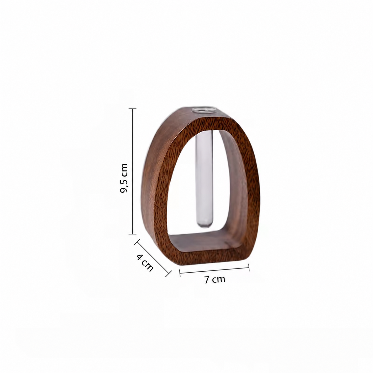 Maße der kleinen Glasvase mit Holzhalter: 9,5 × 7 × 4 cm